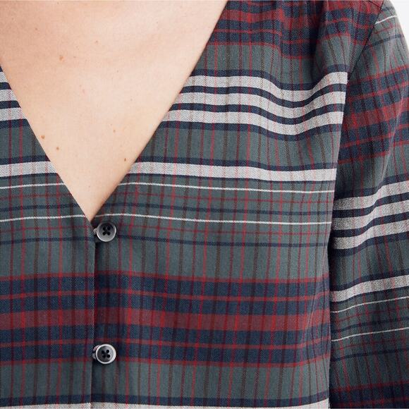 Madewell V-Neck Button Down Shirt in Pineview Plaid Green Flannel Top - Picture 3 of 13